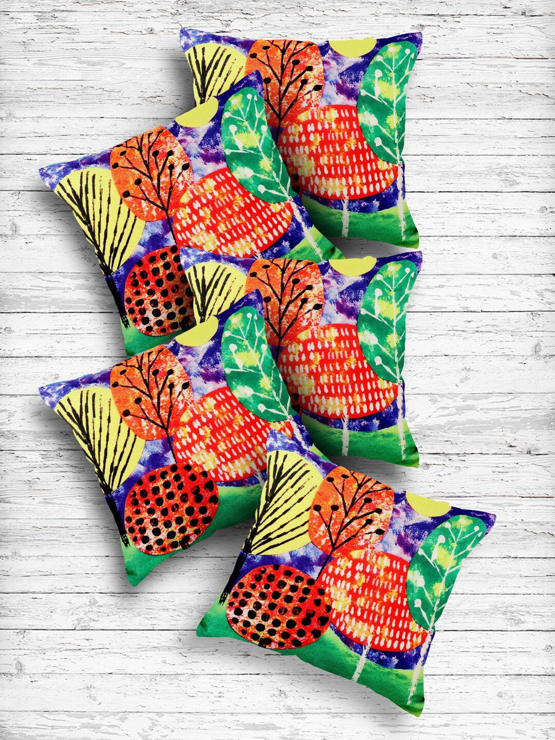 Kuber Industries Green & Orange Set of 5 Floral Square Cushion Covers