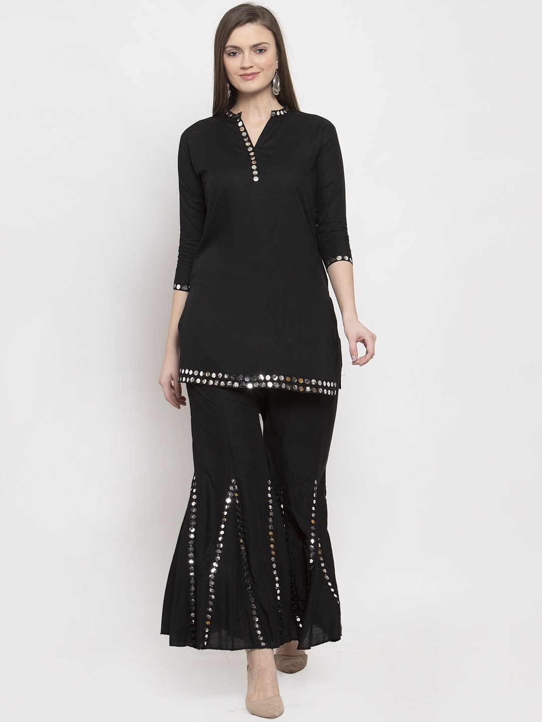 Clora Creation Women Black Self Design Kurti with Sharara