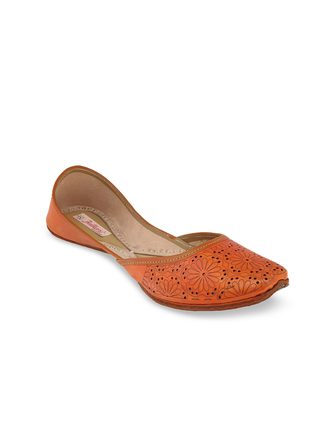 Fulkari Women Orange Textured Leather Mojaris