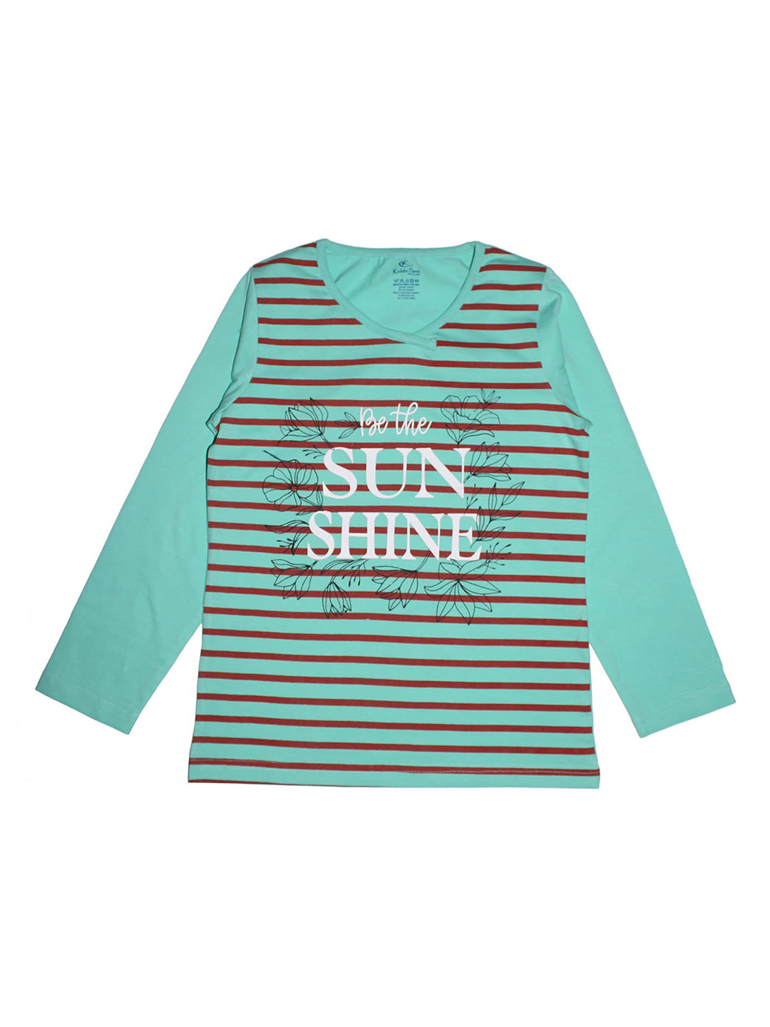 KiddoPanti Girls Sea Green & Red Striped V-Neck T-shirt
