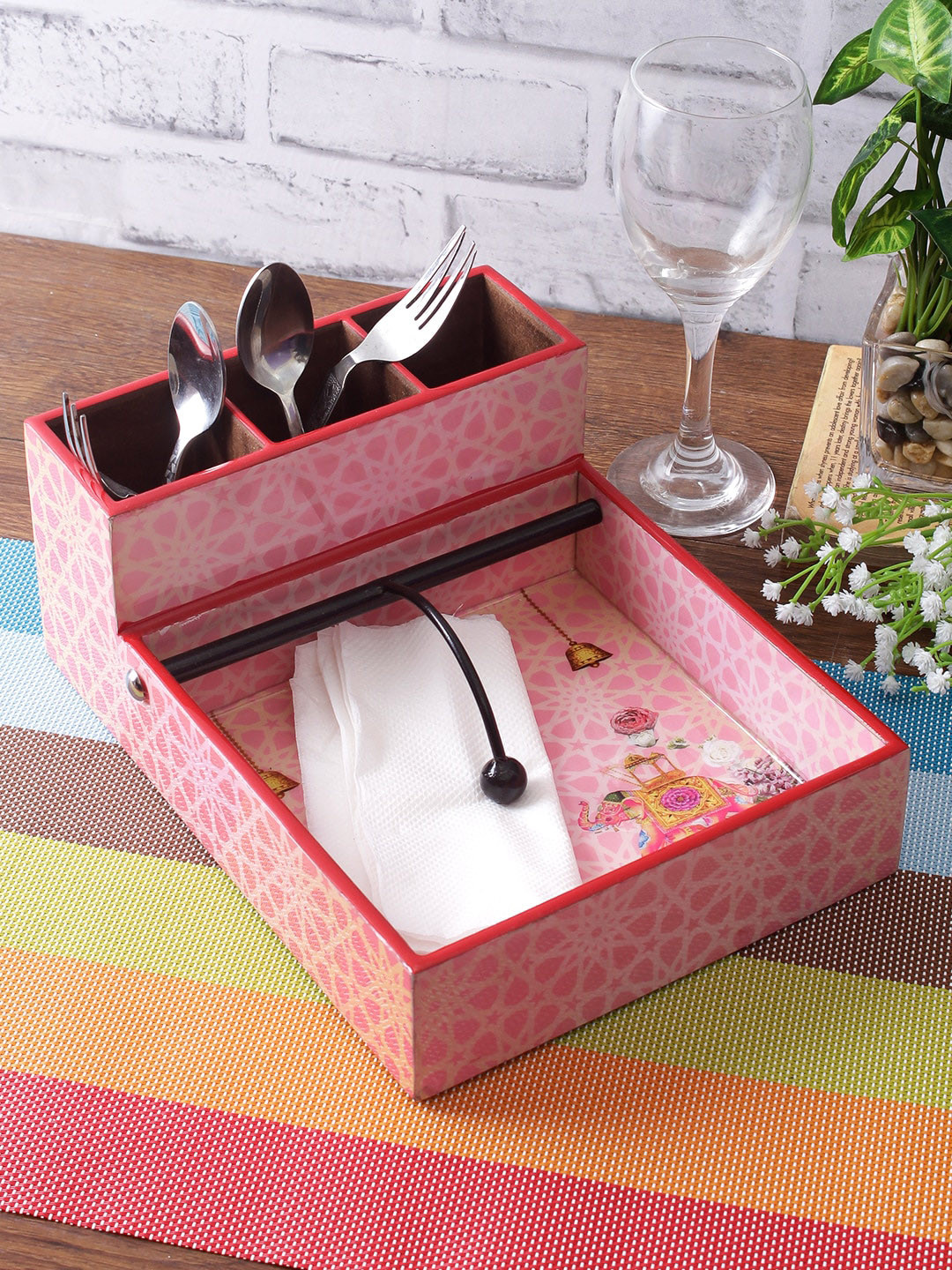 Pink Color Digital Printed MDF Cutlery and Tissue Holder