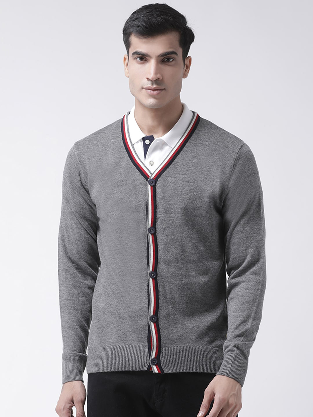 Club York Men Grey Solid Cardigan Sweater