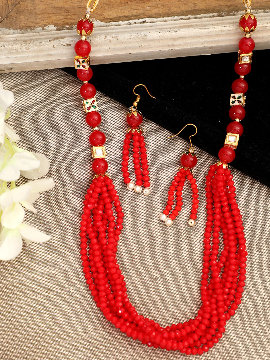 ANIKAS CREATION Gold-Plated Red & White Pearl Multi-Stranded Handcrafted Jewellery Set