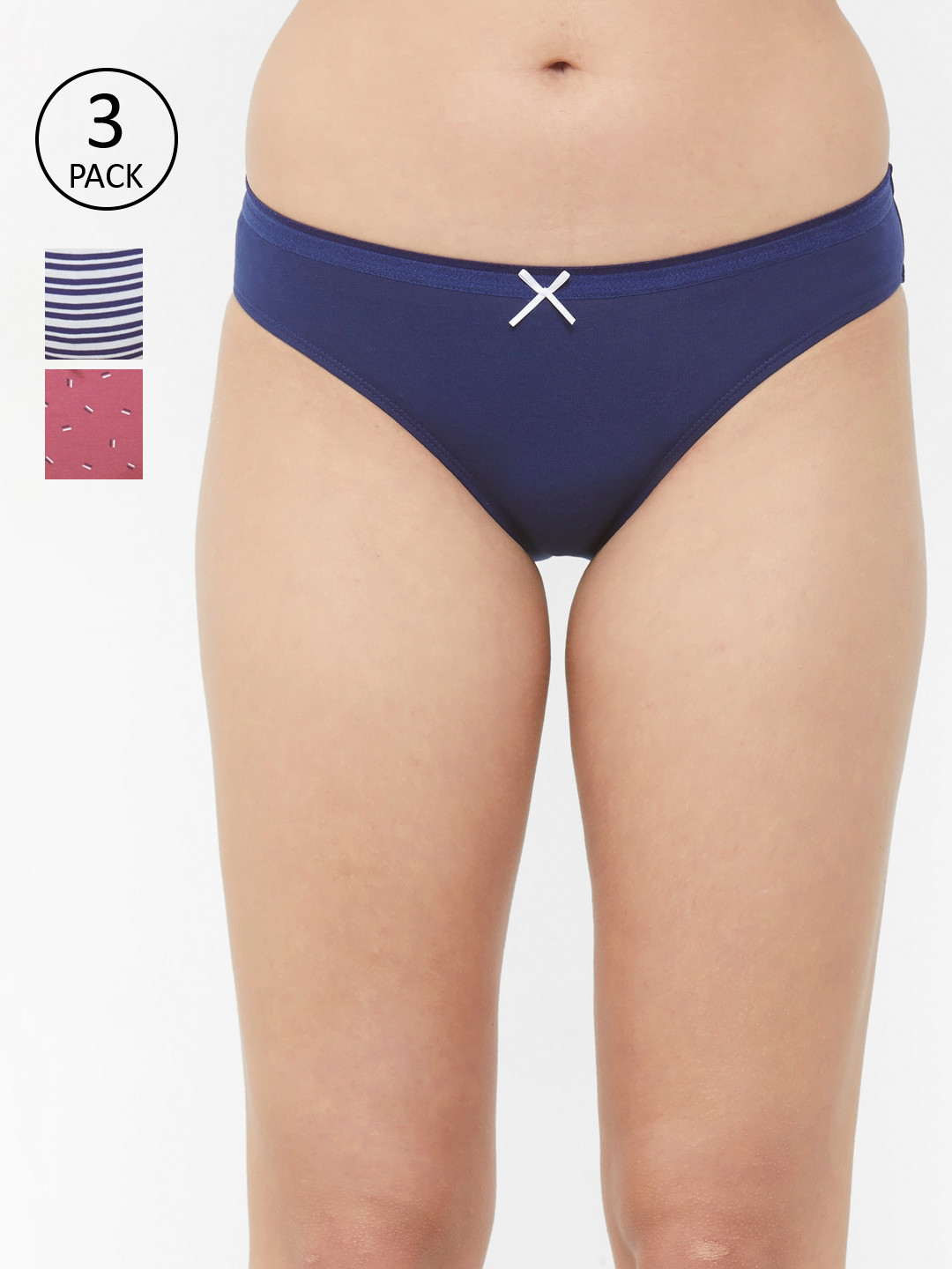 SOIE Pack of 3 Mid Rise Medium Coverage Solid and Printed Cotton Stretch Briefs