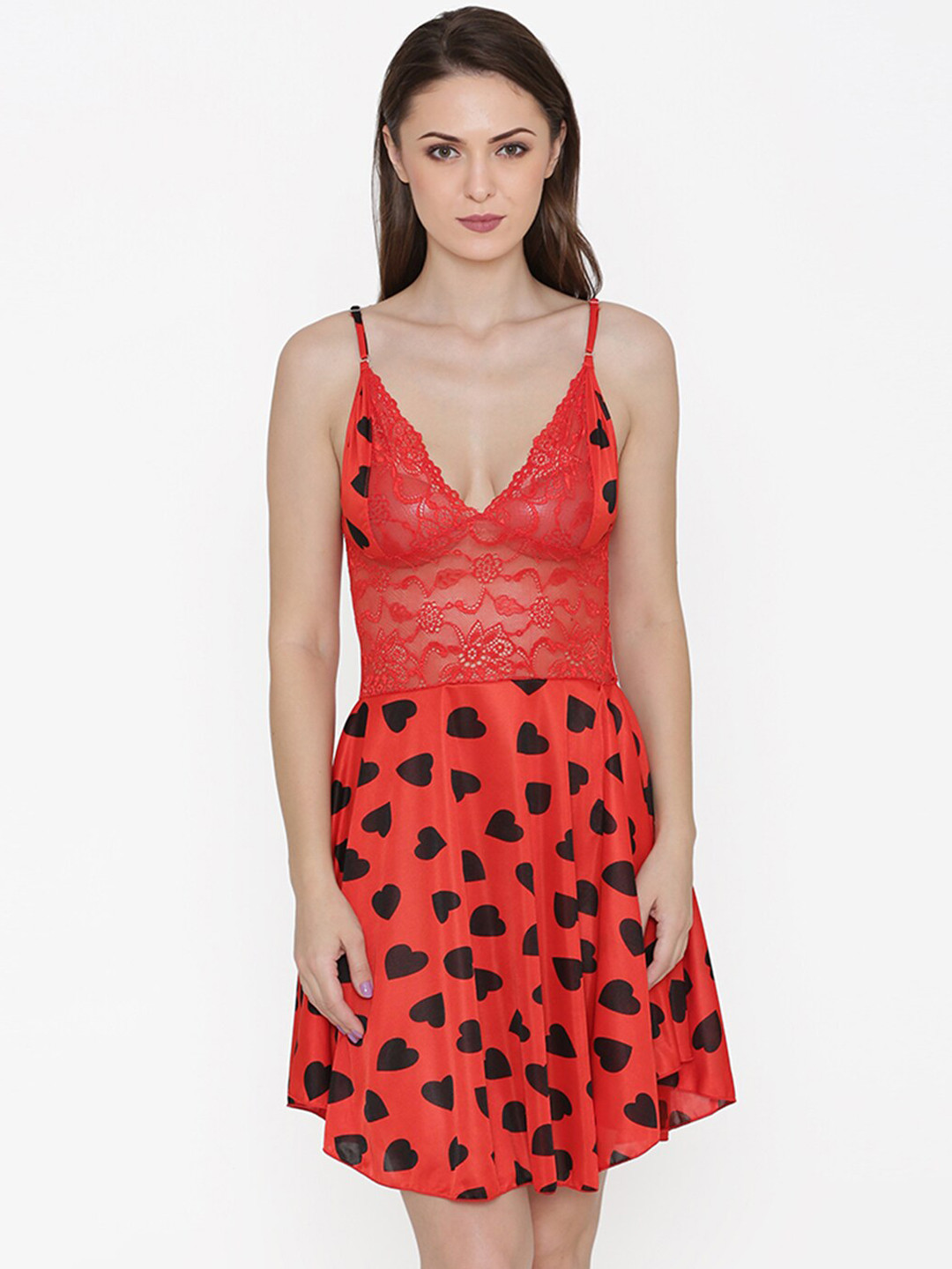 N-Gal Red & Black Self Design Baby Doll