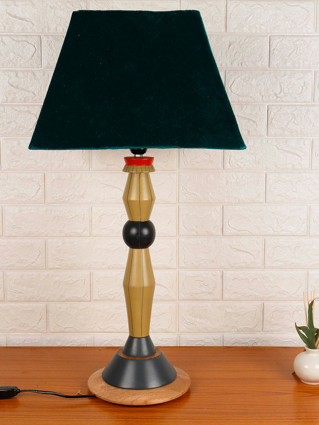 Grated Ginger Green Self Design Handcrafted Bedside Table Lamp with Shade