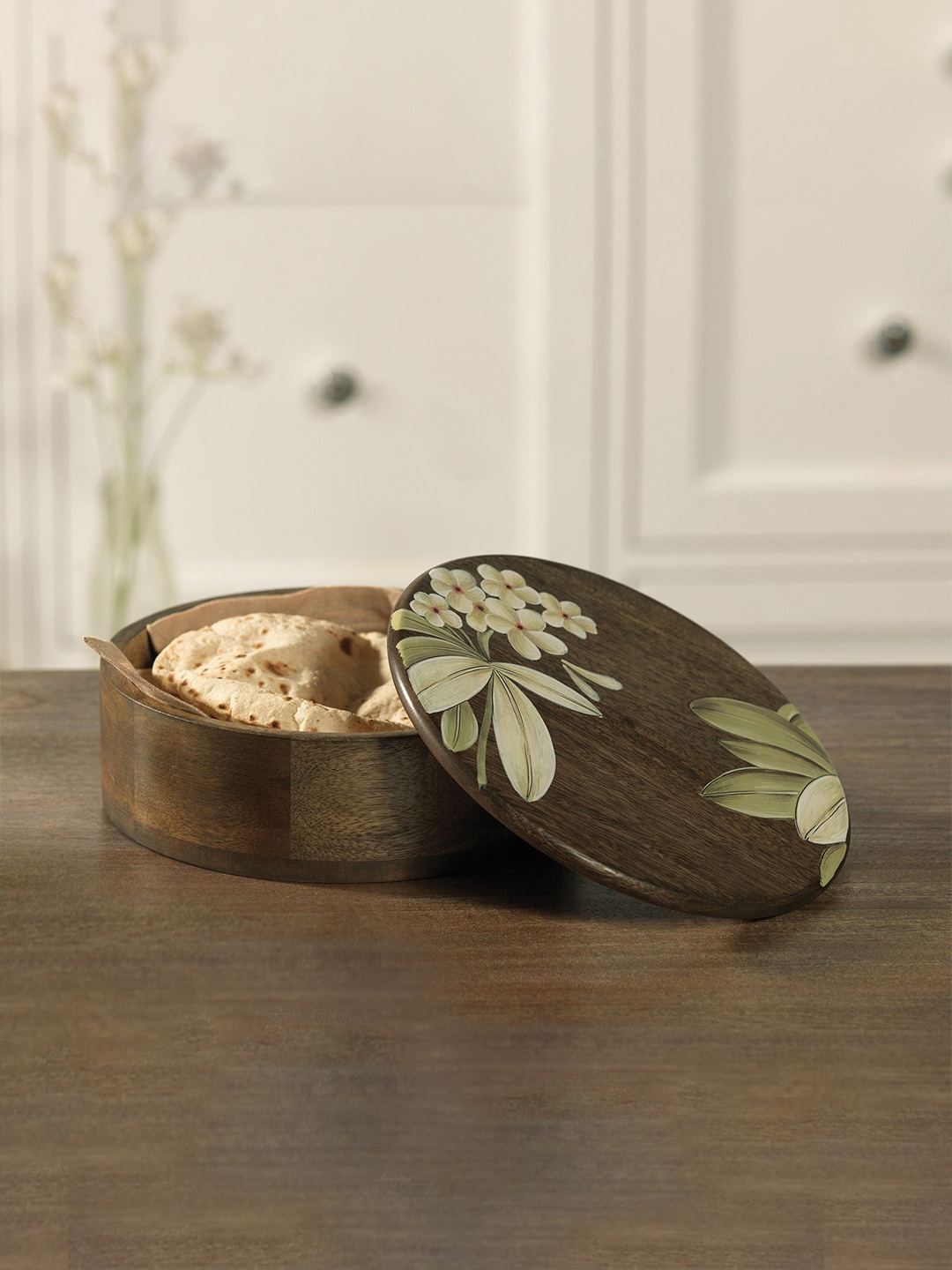 ellementry Brown & Green Handcrafted Frangipani Wooden Roti Box