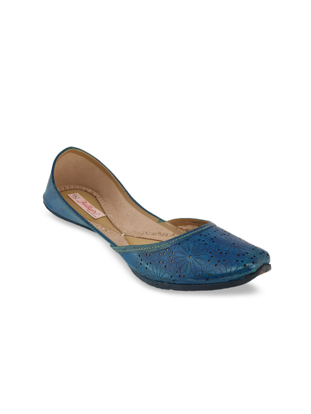 Fulkari Women Blue Textured Genuine Leather Mojaris