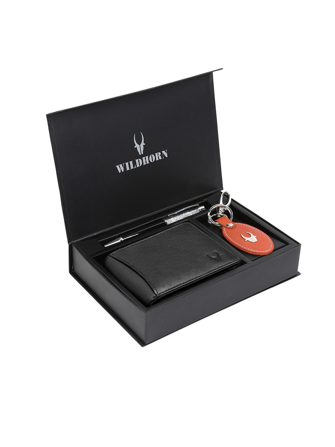 WildHorn Men Black & Orange Men RFID Protected Genuine Leather Wallet & Pen Accessory Gift Set