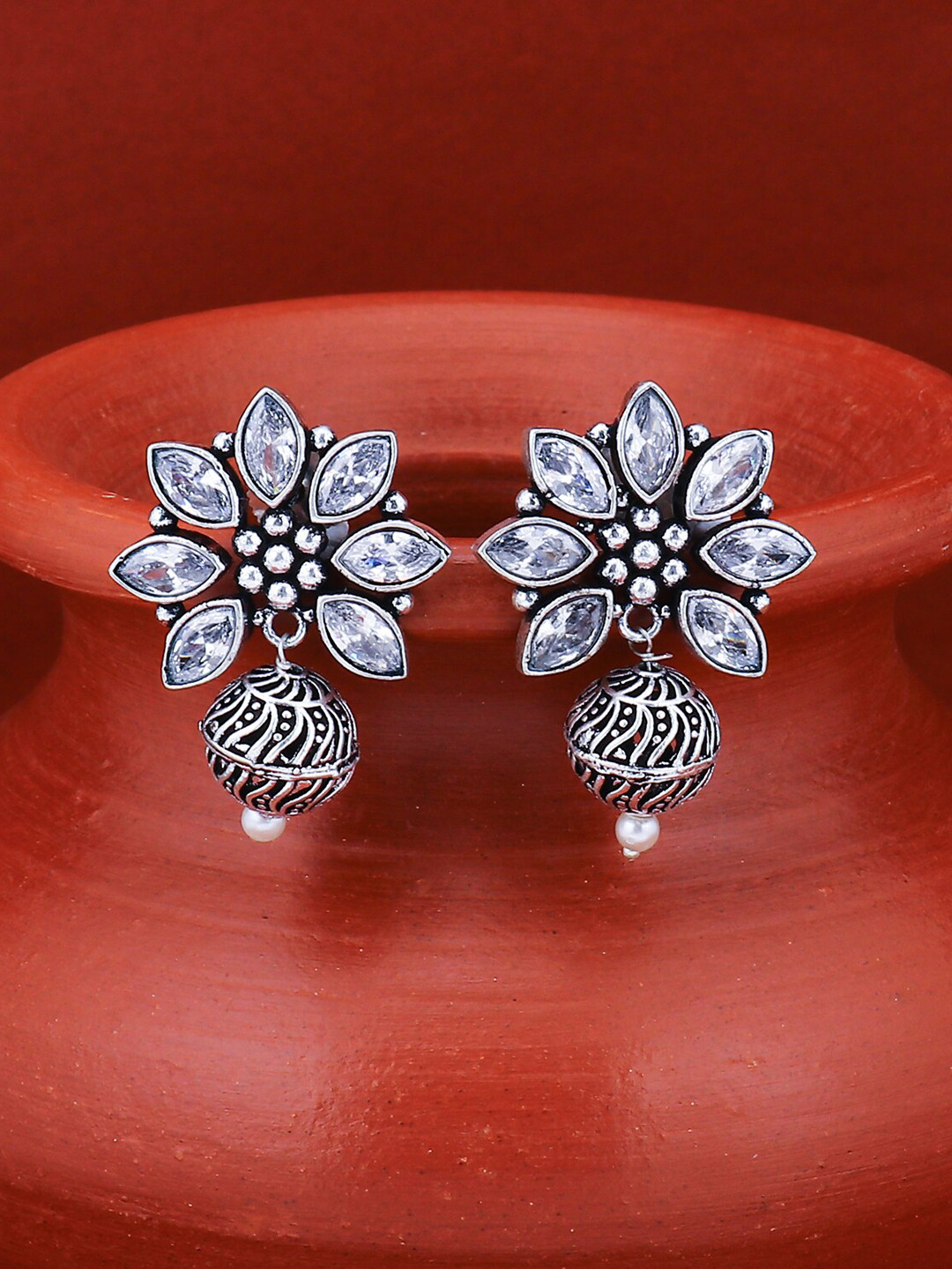 Sukkhi Silver-Toned Rhodium-Plated Oxidised Classic Drop Earrings