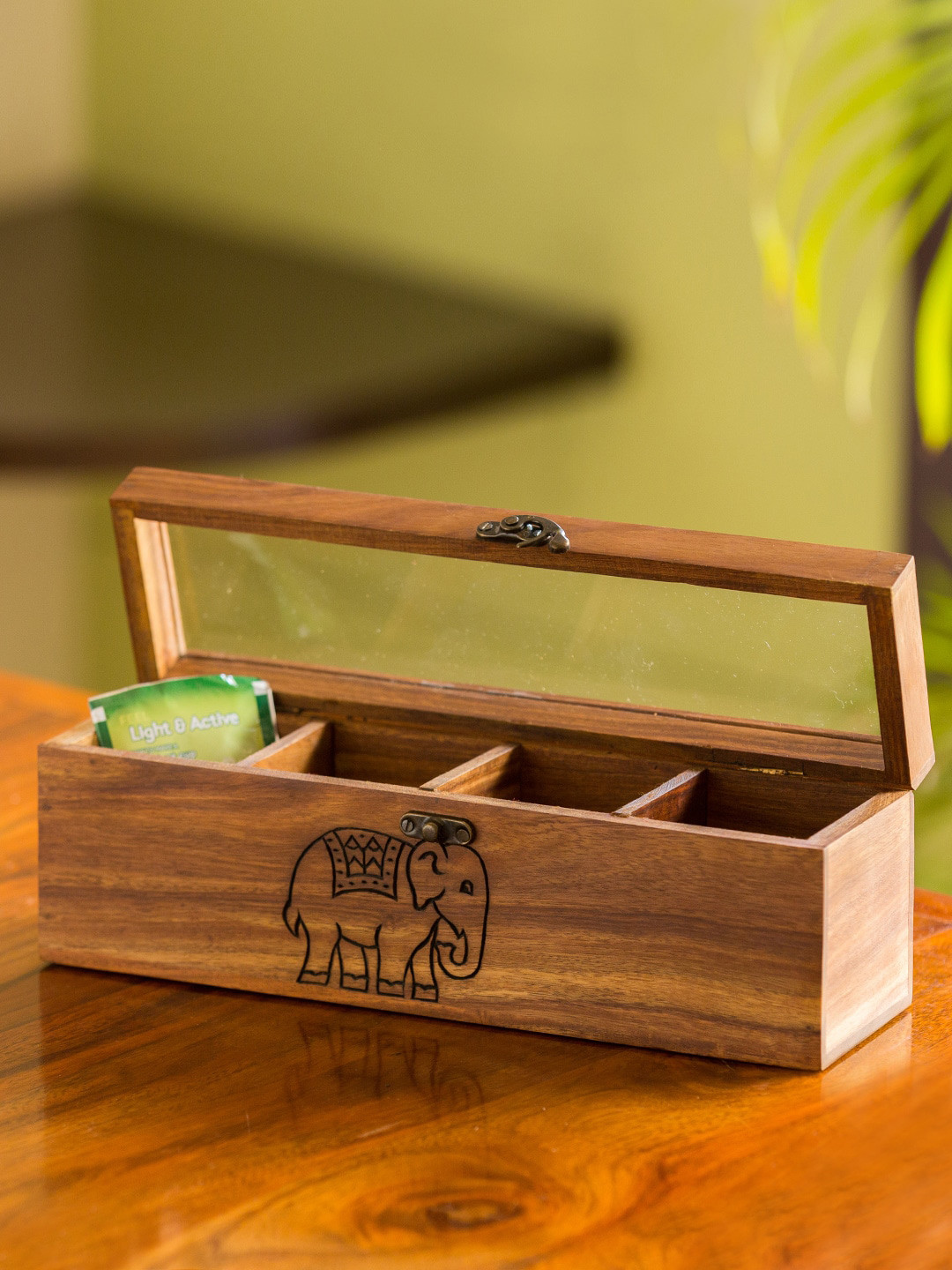 Exclusivelane Hand Carved Brown Animal Print Wood Clip-On Box Container Set-70ml