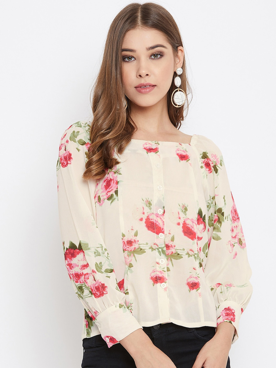 PURYS Cream-Coloured Floral Square Neck Shirt Style Top