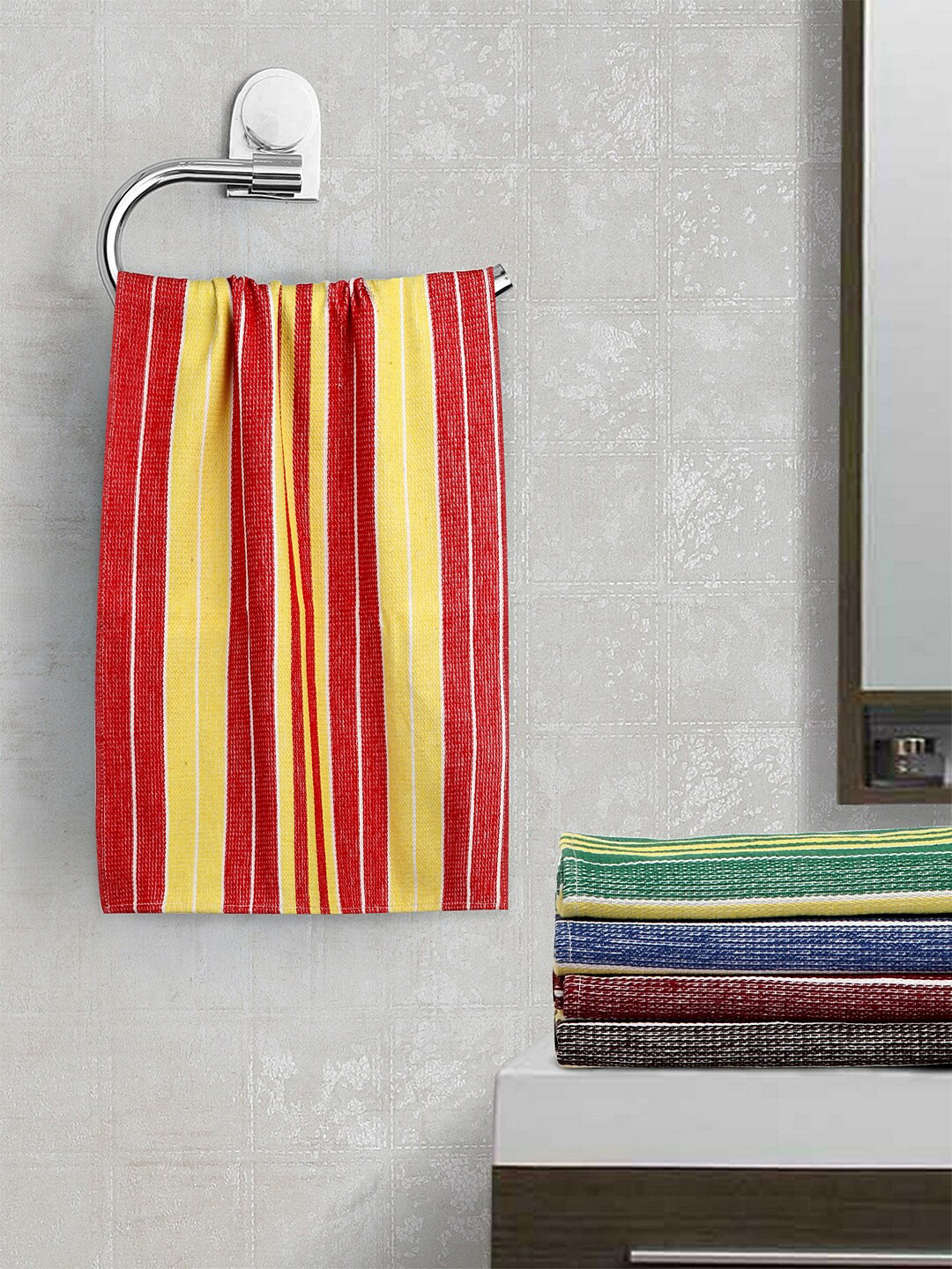 KLOTTHE Unisex Set Of 5 Multicoloured Striped 300 GSM Hand Towels