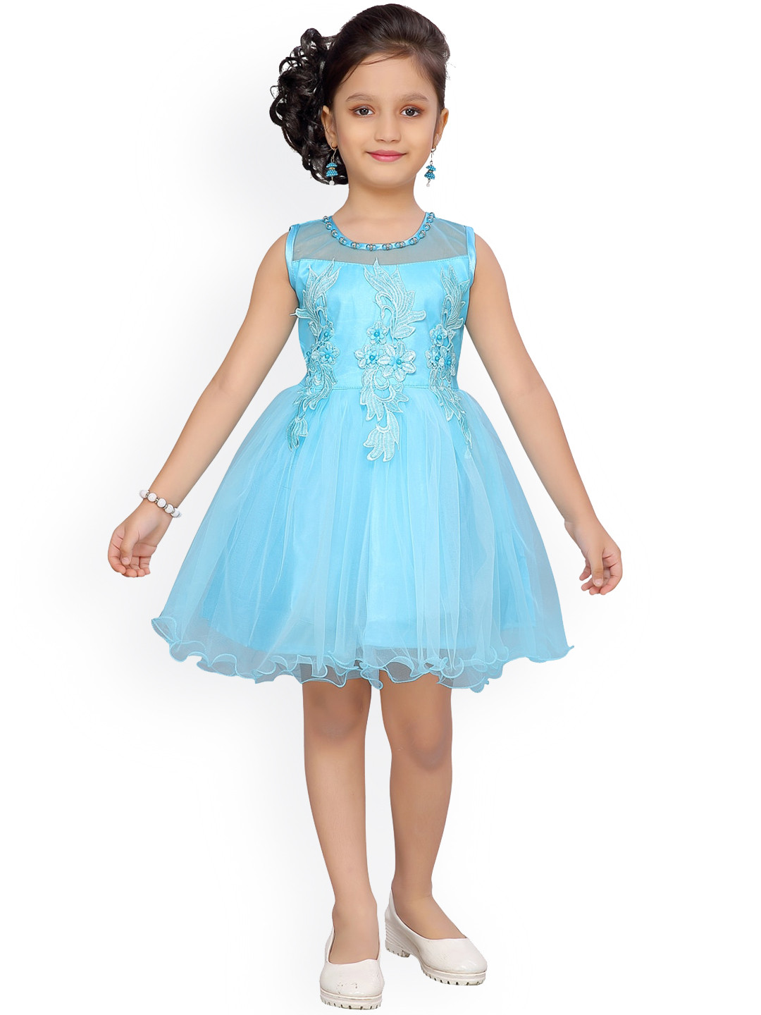 Aarika Girls Turquoise Blue Embellished Fit and Flare Dress