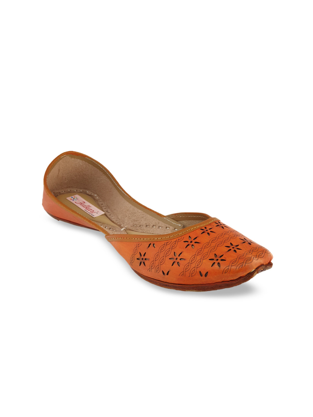 Fulkari Women Orange Textured Genuine Leather Mojaris