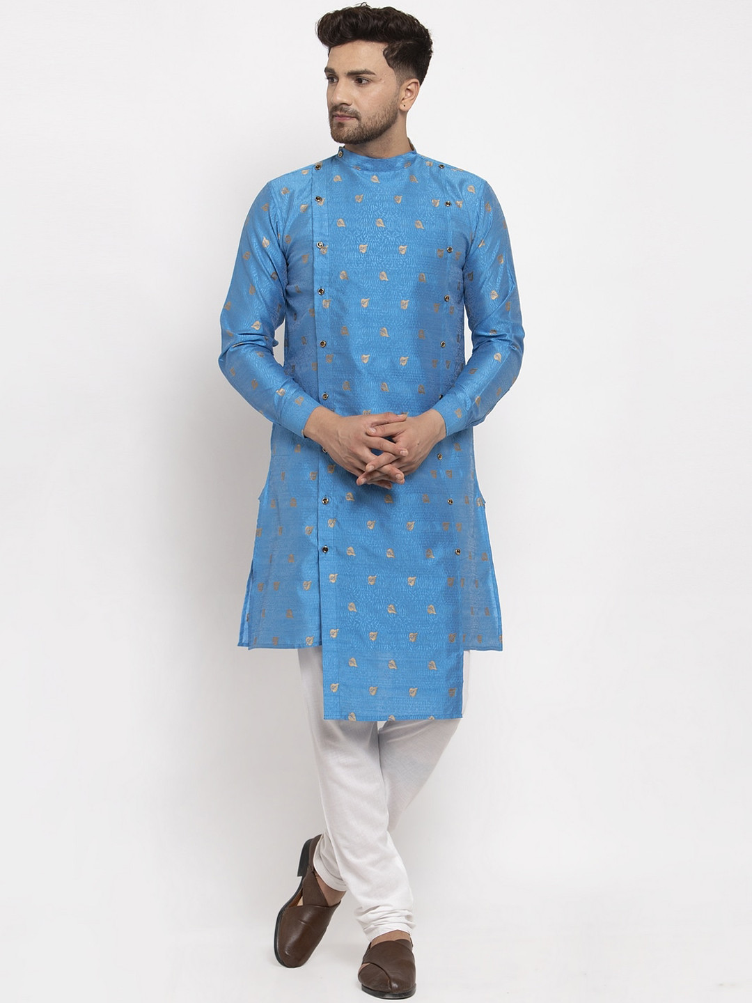 KLOTTHE Men Blue & Gold-Coloured Woven Design A-Line Kurta