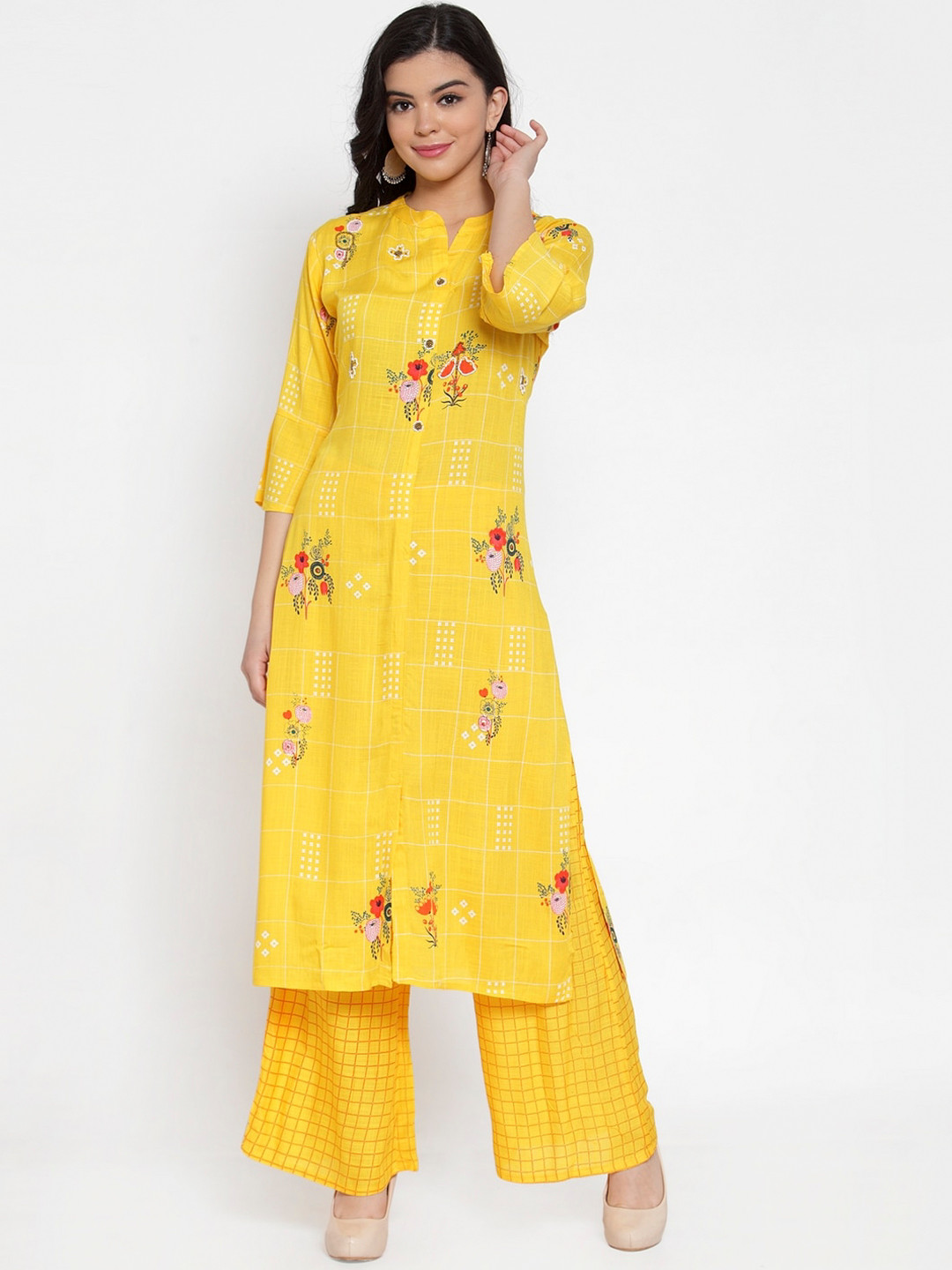 SOUNDARYA Women Yellow & White Embroidered Kurti with Palazzos