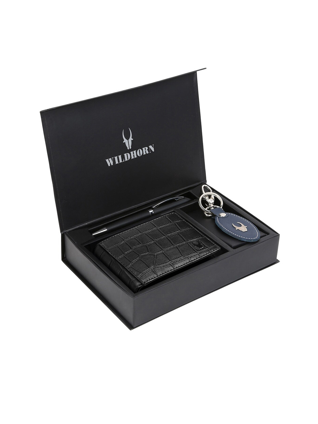WildHorn Men Black & Blue RFID Protected Genuine Leather Wallet & Pen Accessory Gift Set