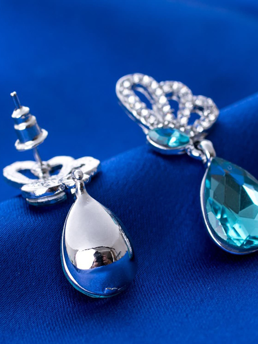 Sukkhi Blue Rhodium-Plated Filigree Teardrop Shaped Drop Earrings