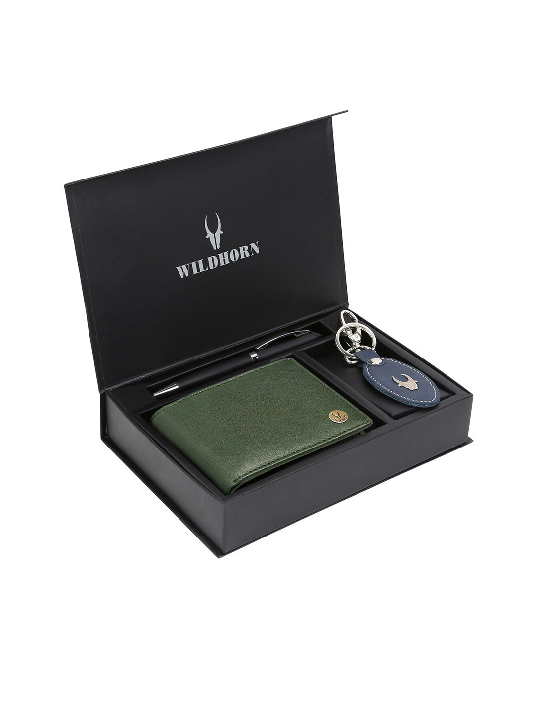 WildHorn Men Green & Blue RFID Protected Genuine Leather Wallet & Pen Accessory Gift Set