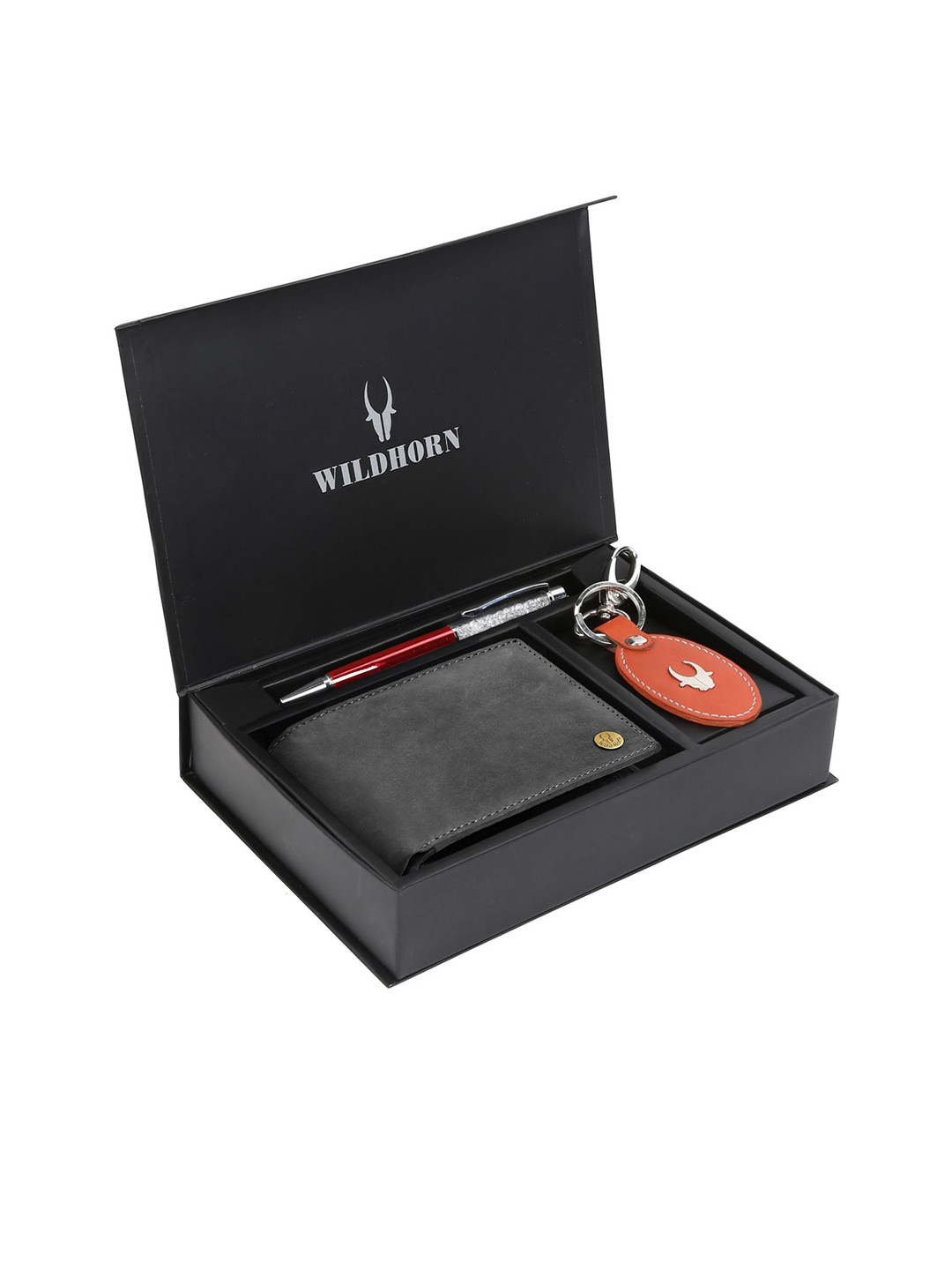 WildHorn Men Charcoal Grey & Orange RFID Protected Genuine Leather Accessory Gift Set