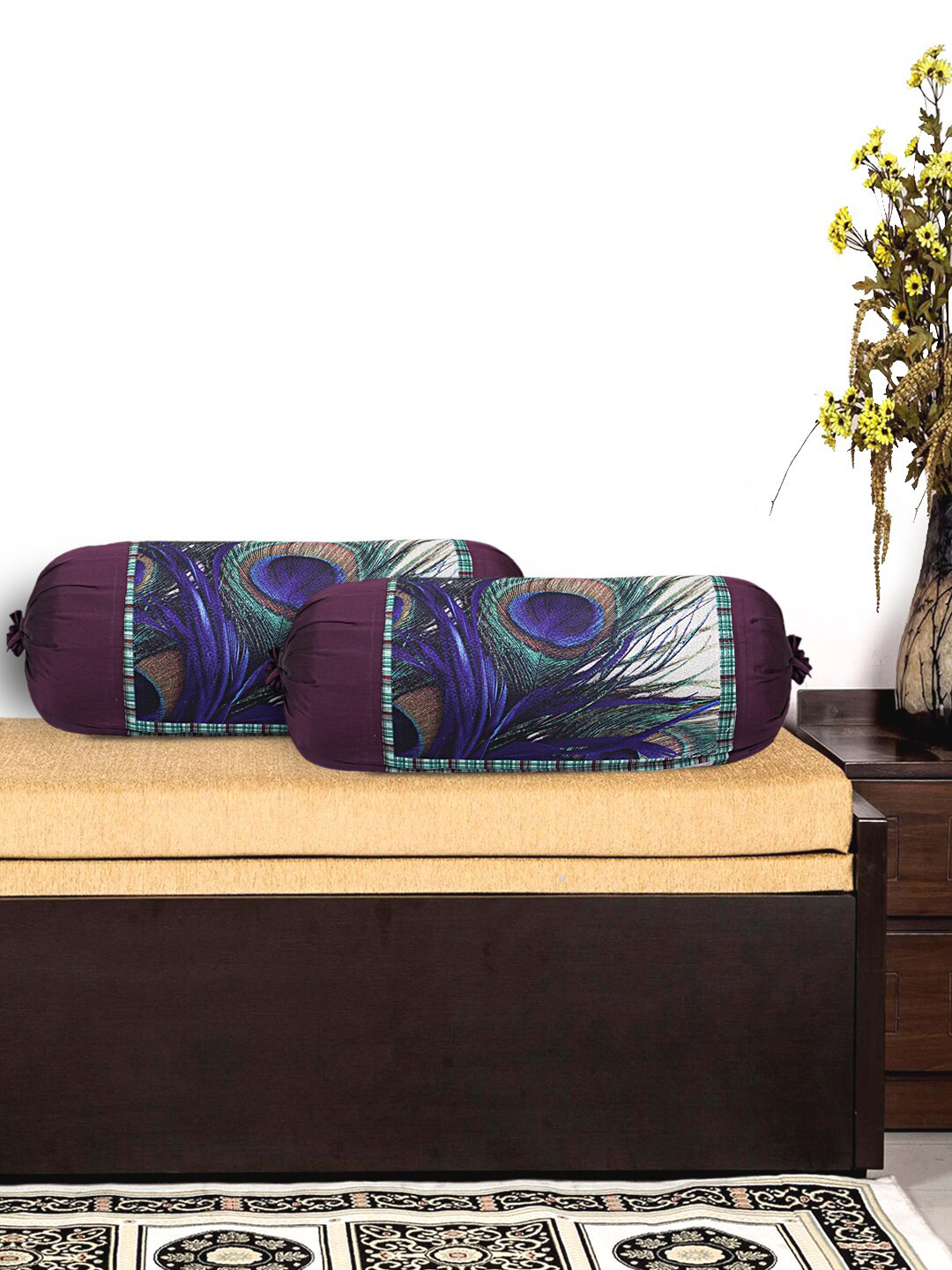 Kuber Industries Set Of 2 Burgundy & Blue Peacock Wings Design Bolster Covers