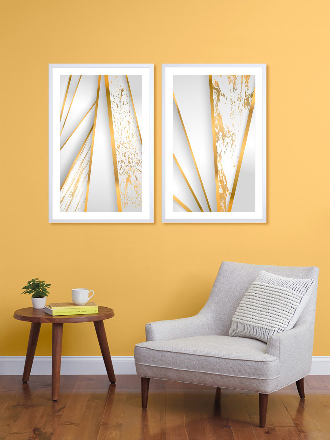 999Store Set Of 2 Grey & Gold-Toned Vertical Stripes Printed Wall Art