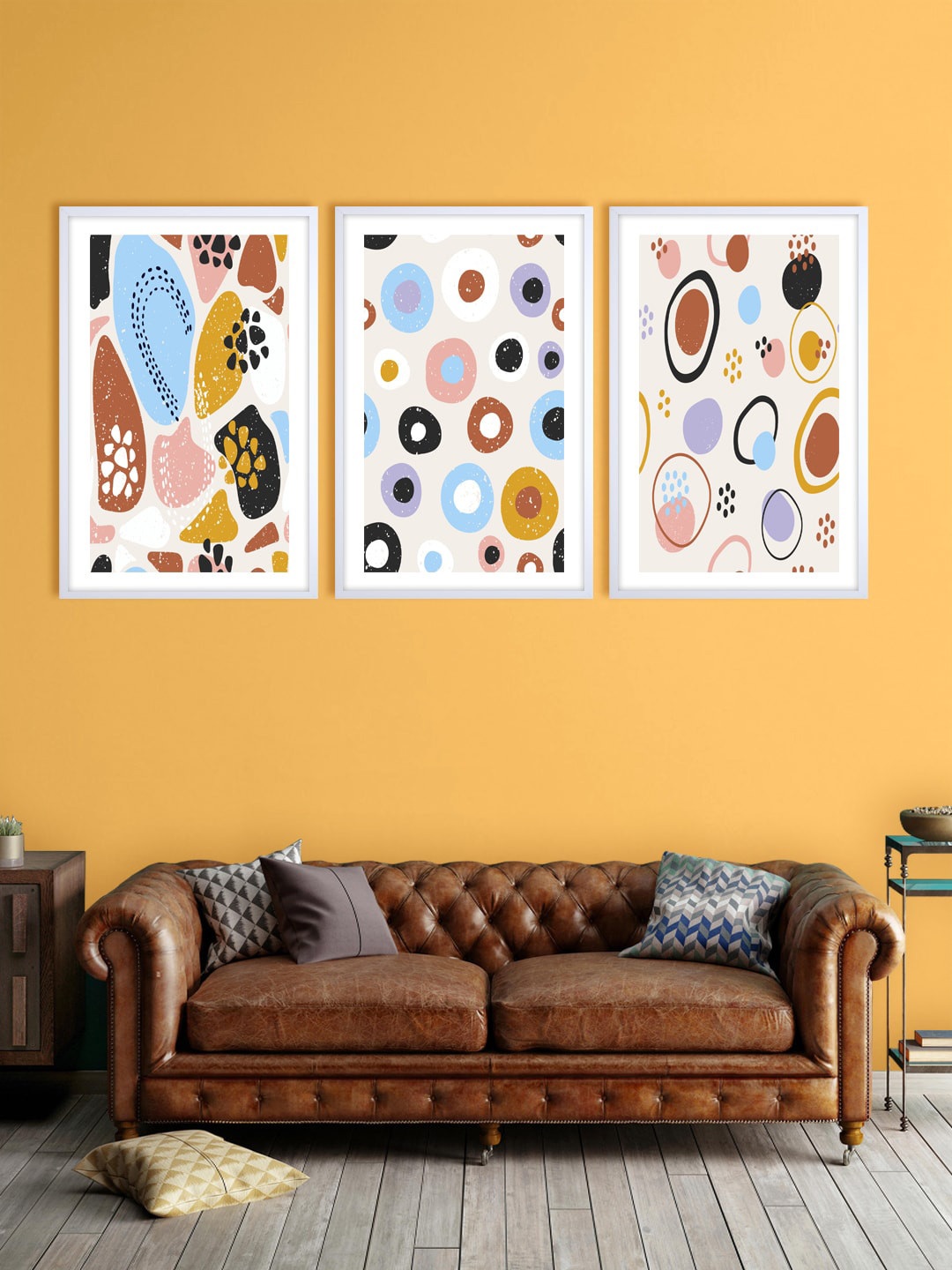 999Store Set Of 3 Off-White & Blue Abstract Printed Wall Art