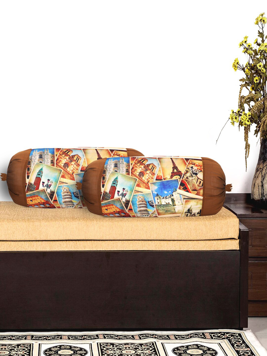 Kuber Industries Set Of 2 Brown & Blue Tourism Place Design Bolster Covers