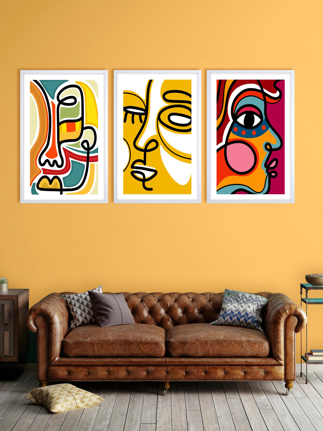 999Store Set Of 3 Yellow & Pink Abstract Printed Wall Art