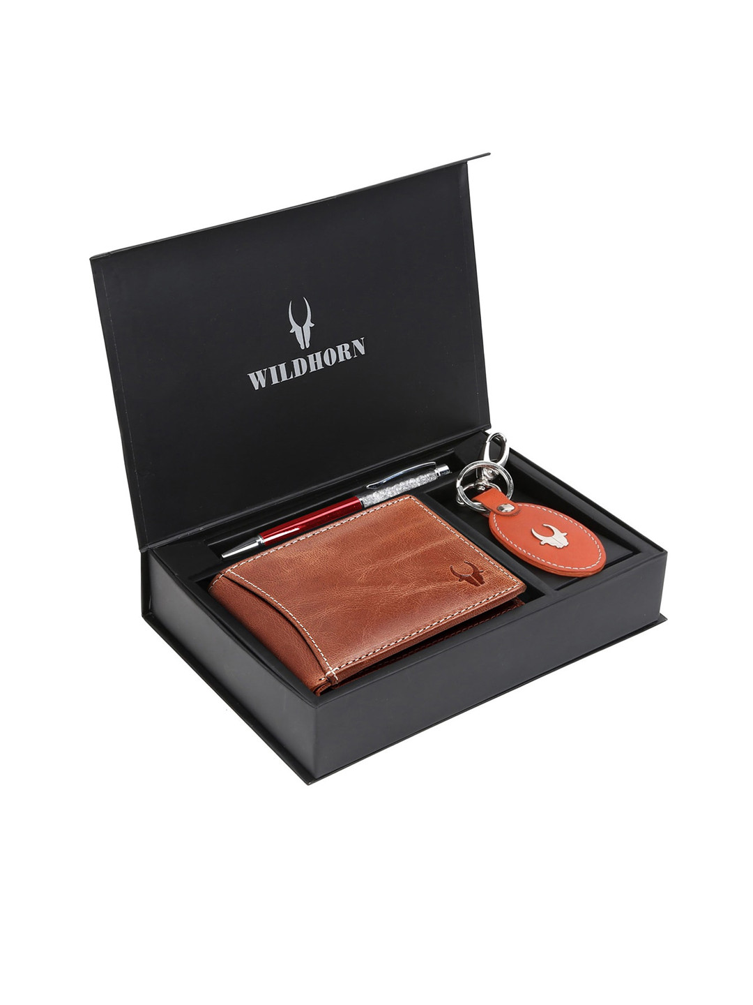WildHorn Men Tan Brown & Orange RFID Protected Genuine Leather Wallet & Pen Accessory Gift Set