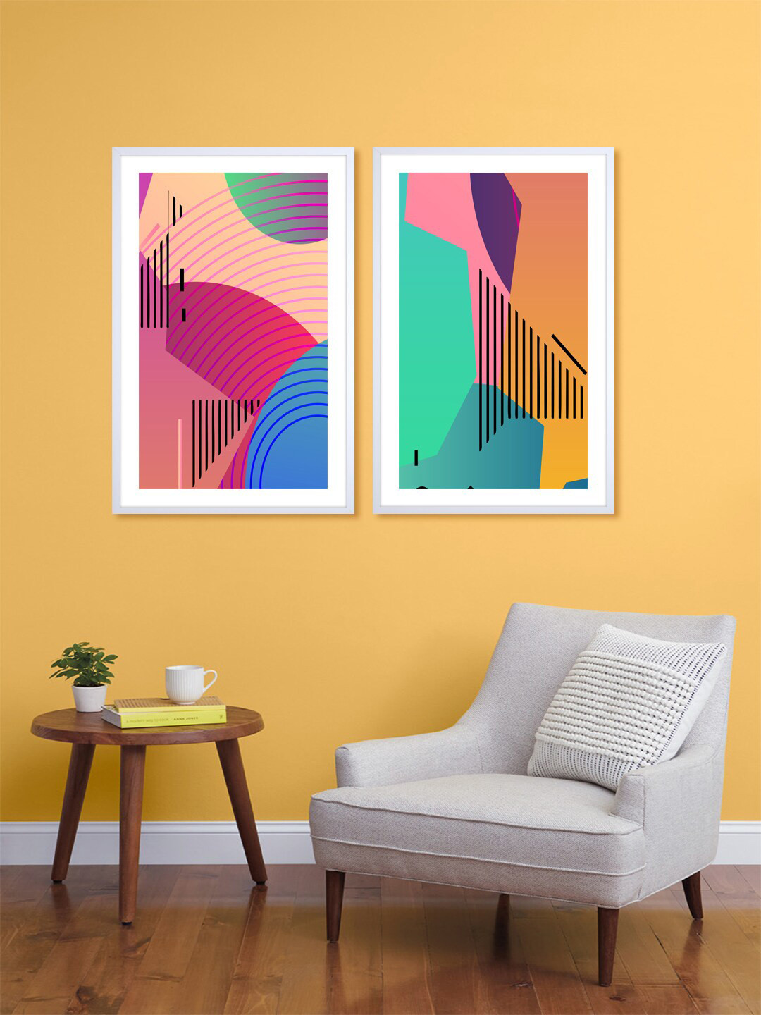 999Store Set Of 2 Pink & Green Printed Abstract Wall Arts