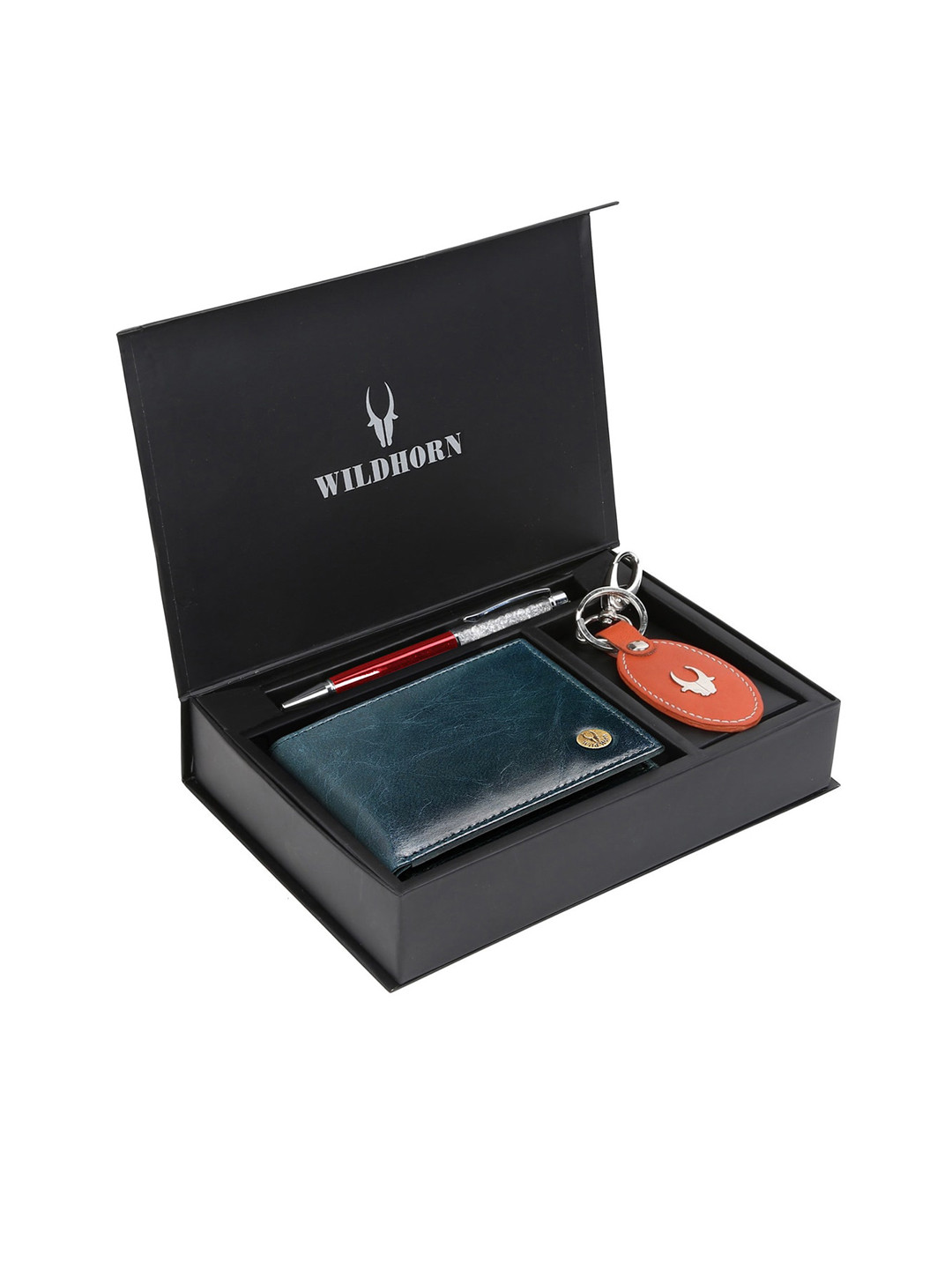 WildHorn Men Blue & Orange RFID Protected Genuine Leather Accessory Gift Set