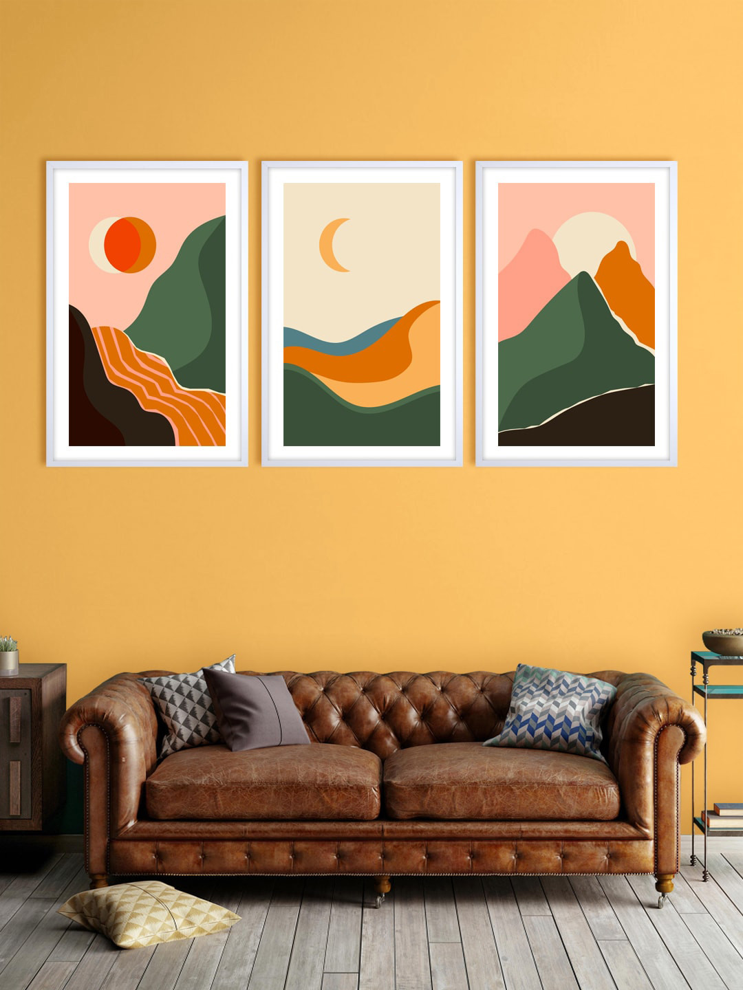 999Store Set Of 3 Pink & Green Abstract Printed Wall Art