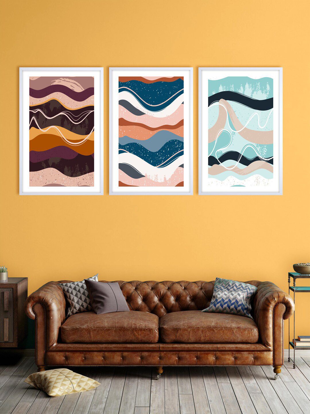 999Store Set Of 3 Brown & Blue Abstract Printed Wall Art