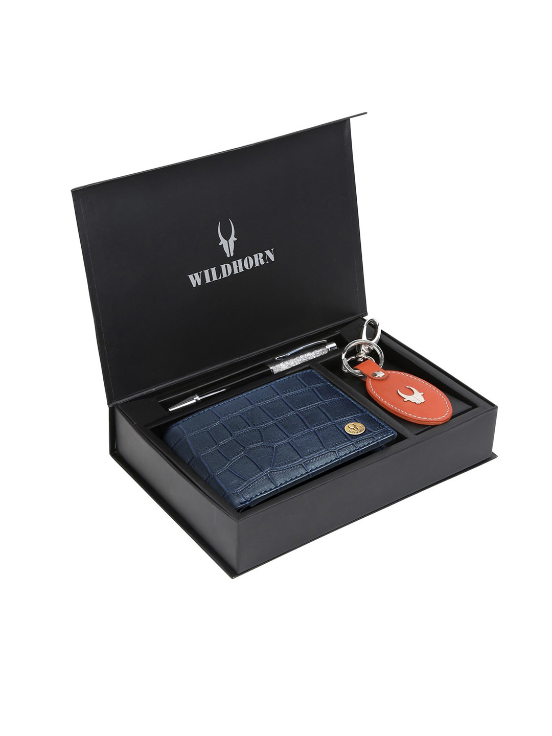 WildHorn Men Blue & Orange RFID Protected Genuine Leather Wallet & Pen Accessory Gift Set