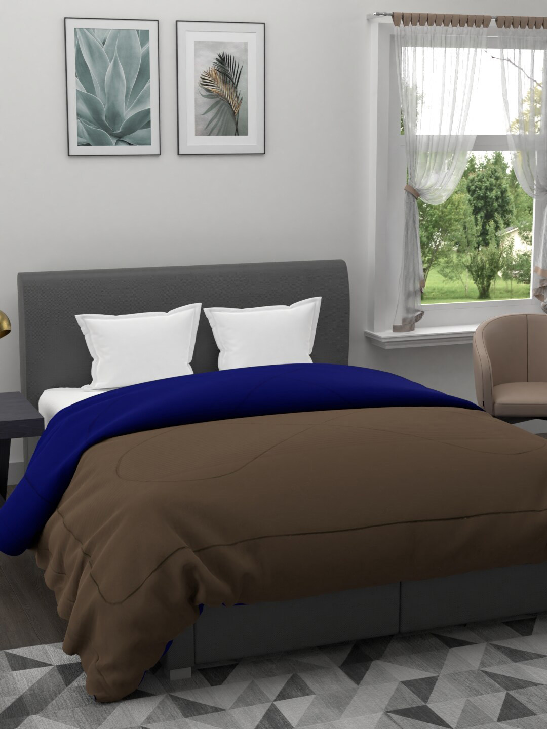Clasiko Brown & Blue Solid AC Room 120 GSM Reversible Double Bed Quilt