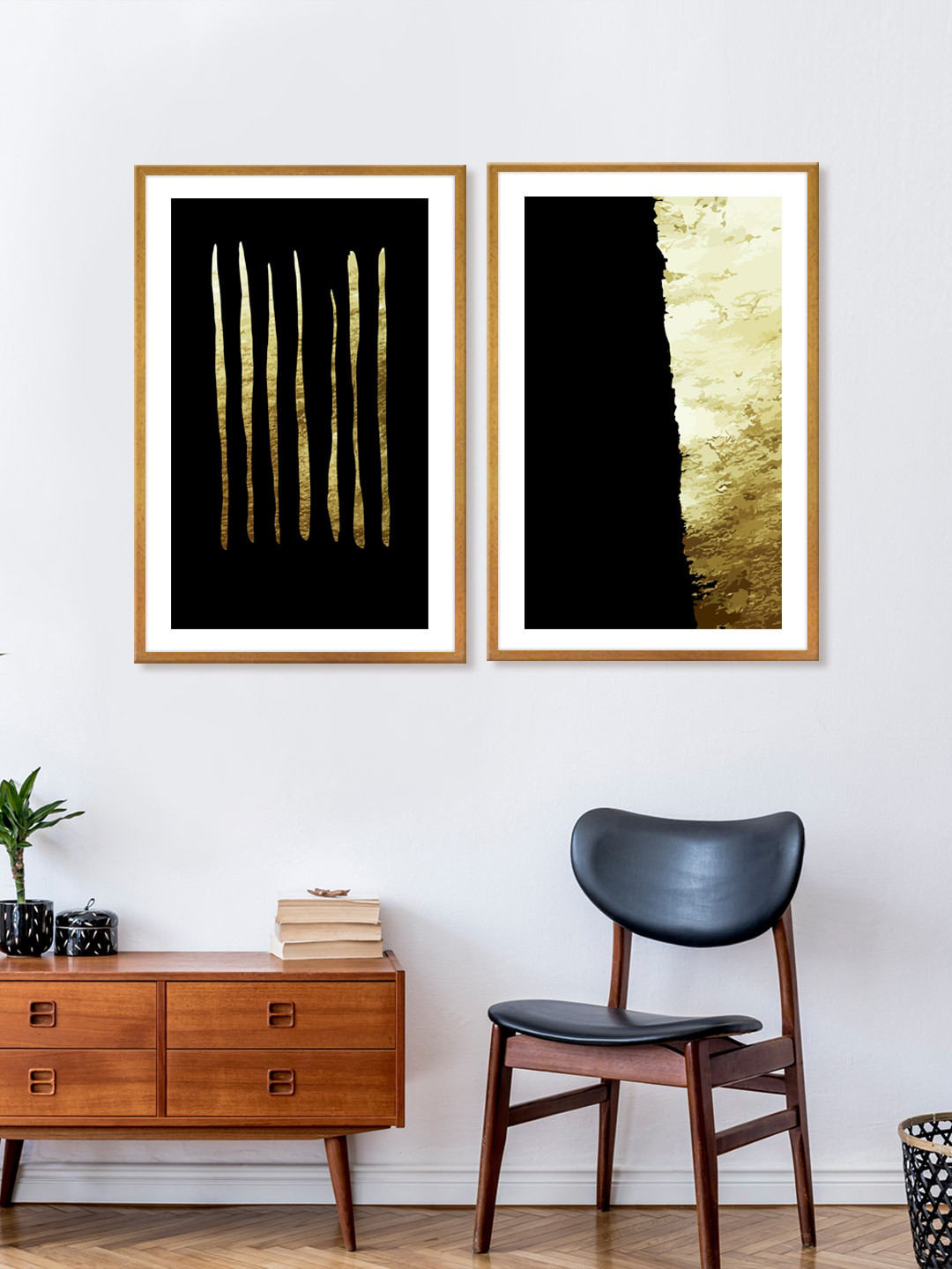 999Store Golden Strokes Canvas 2 Piece Wall Rectangle Paintings Wall Art -18 x 30 In