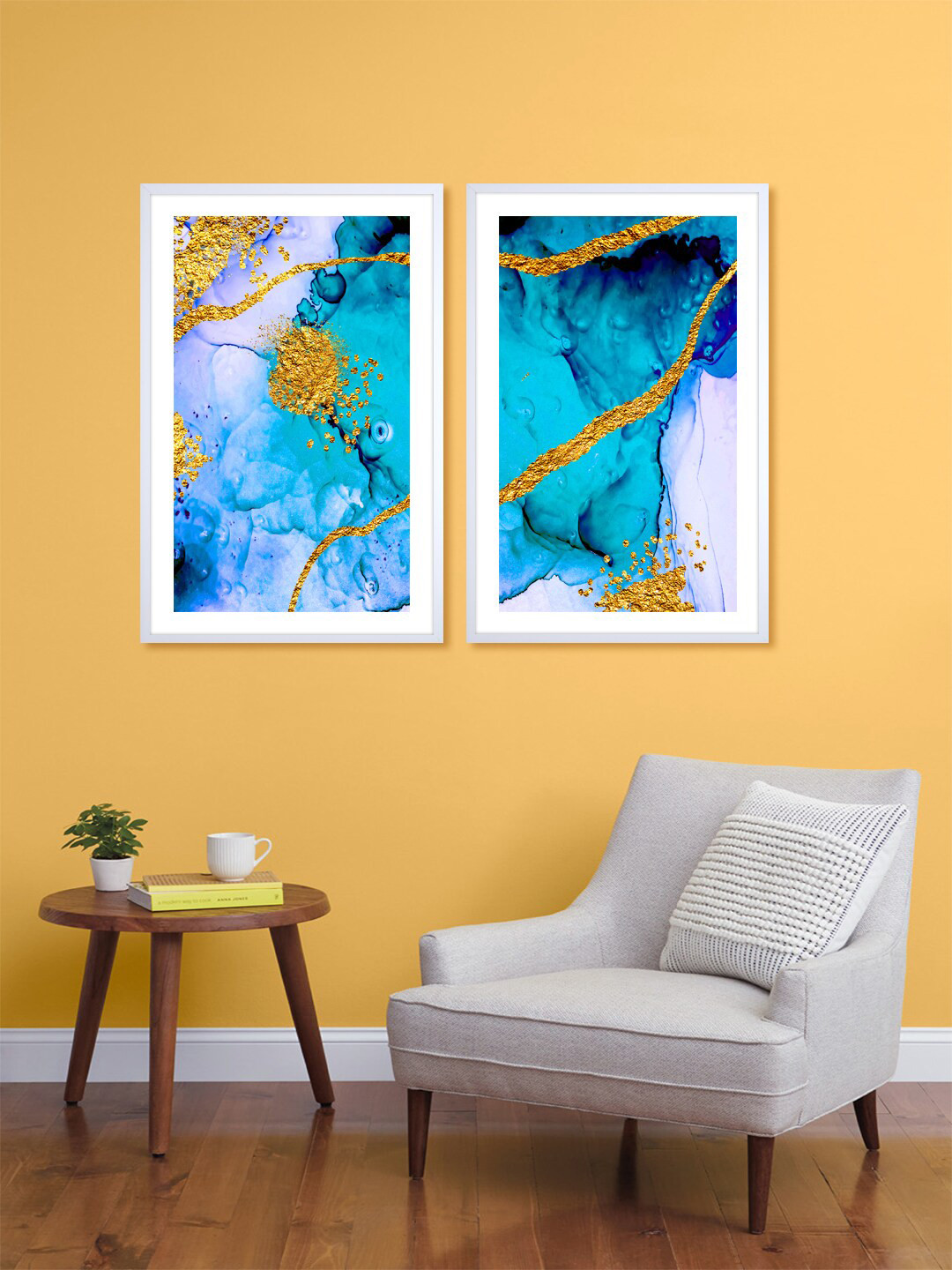 999Store Set Of 2 Blue & Gold-Toned Abstract Printed Wall Art