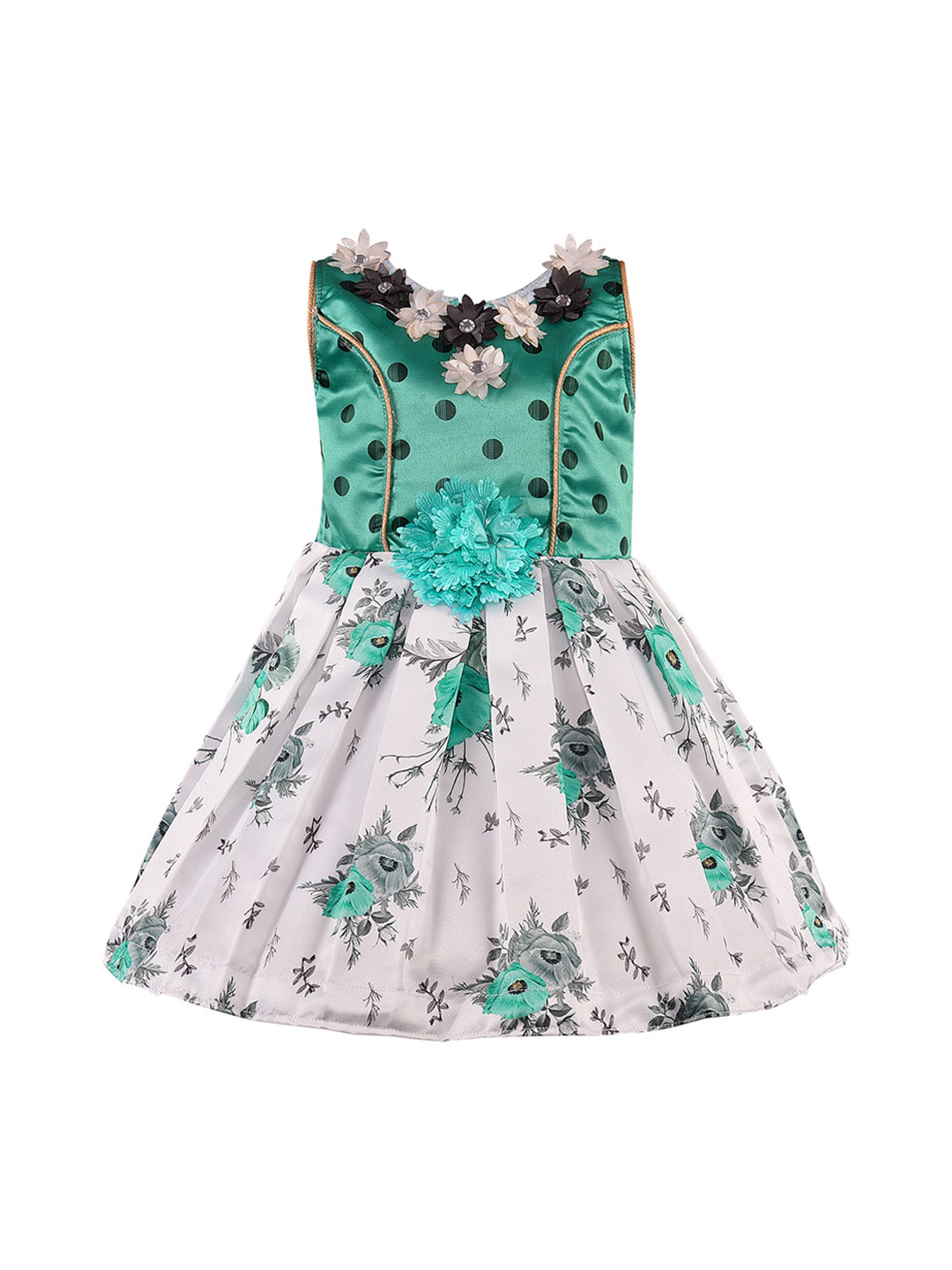 Wish Karo Girls Green & White Printed Fit and Flare Dress