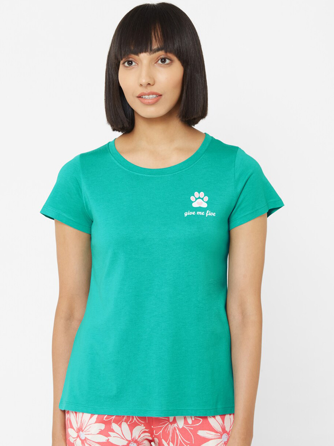 Soie Women Teal Green Paw Printed Lounge T-Shirt