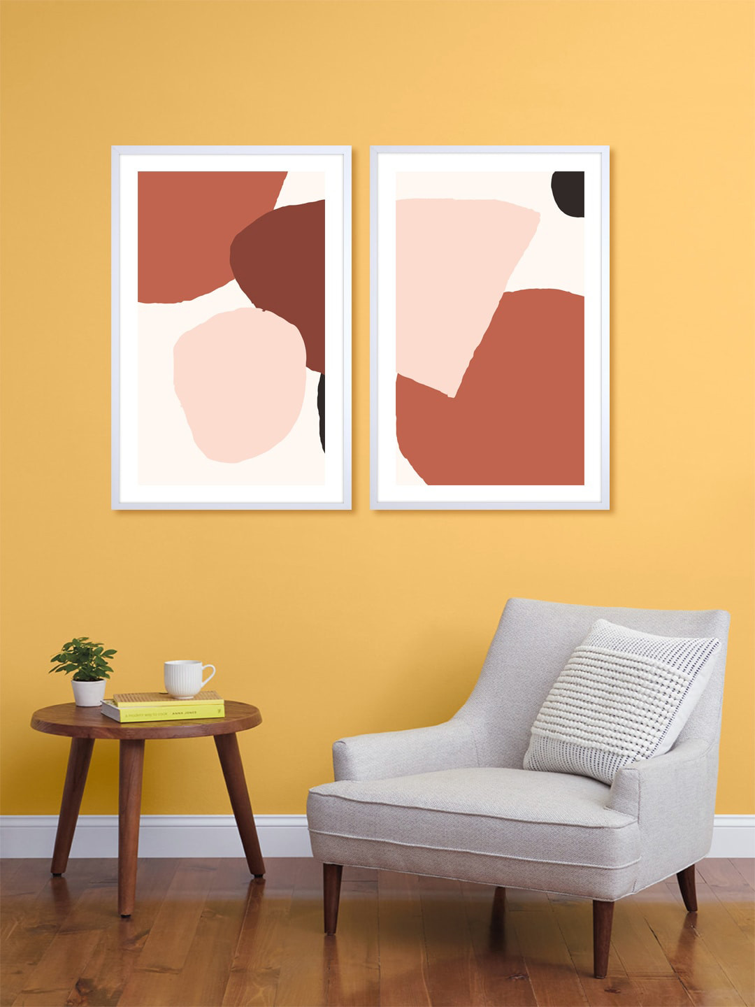 999Store Set Of 2 White & Brown Printed Shapes Wall Art