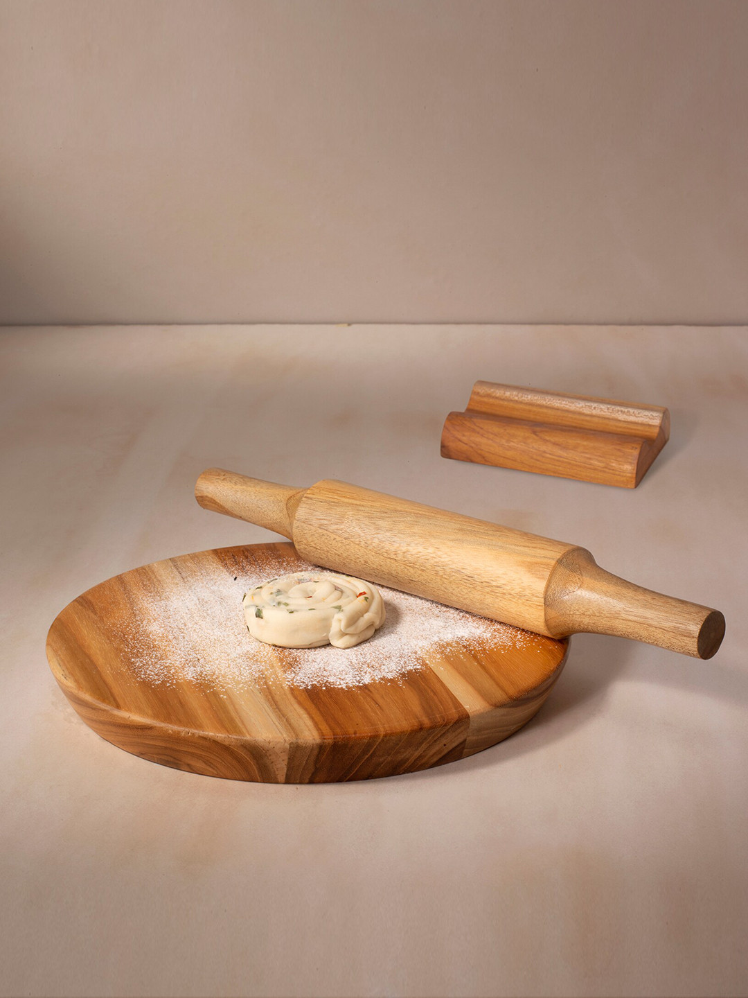 ellementry Brown & Beige Teak Wood Chakla Belan Set