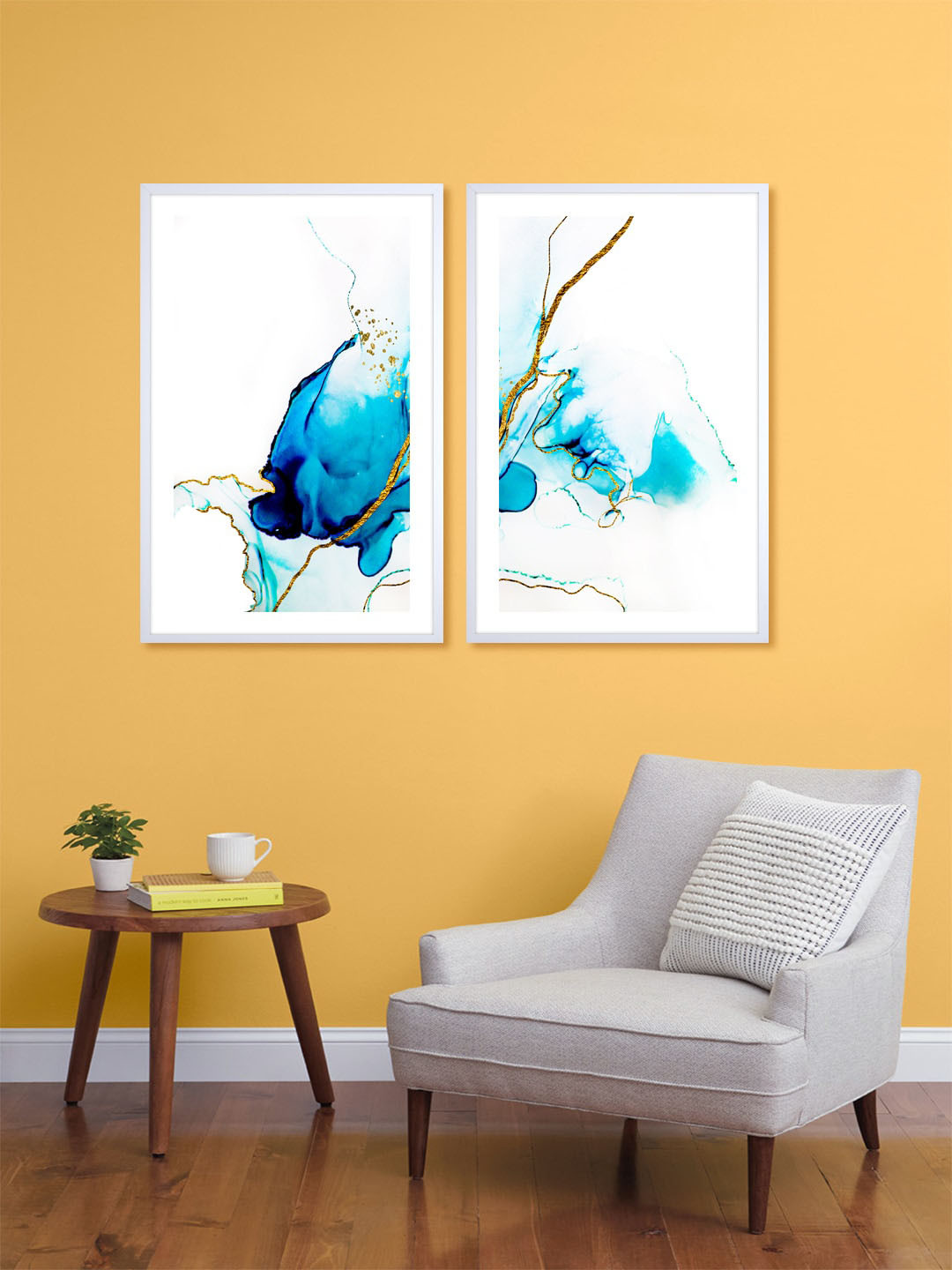999Store Set Of 2 White & Blue Abstract Printed Hand Painted Wall Arts