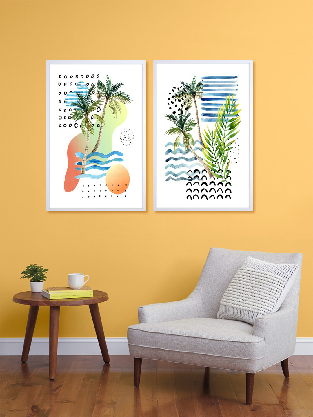 999Store Set Of 2 White & Green Printed Water Coconut Tree Wall Art
