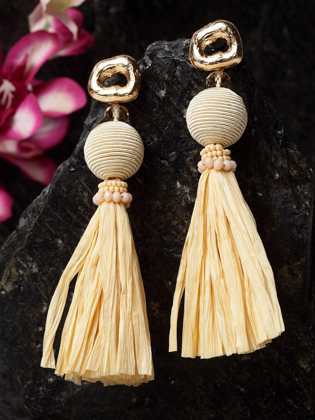 Madame Rose Gold-Plated Beige Tasselled Contemporary Drop Earrings