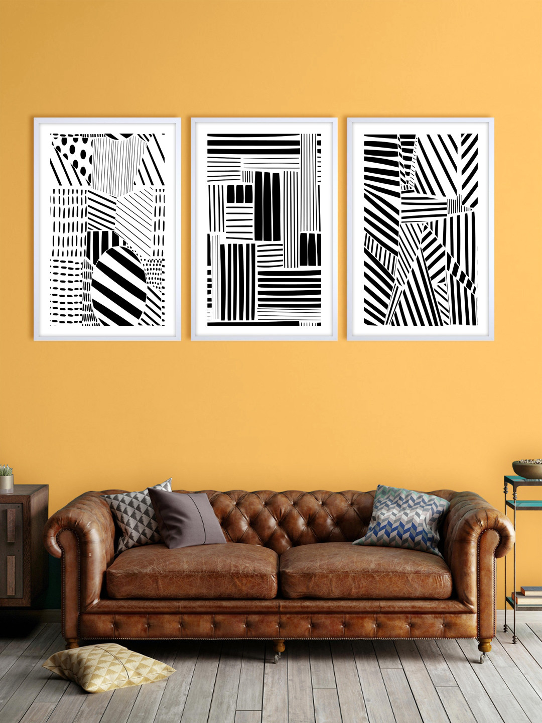 999Store Set Of 3 White & Black Lines Printed Wall Art