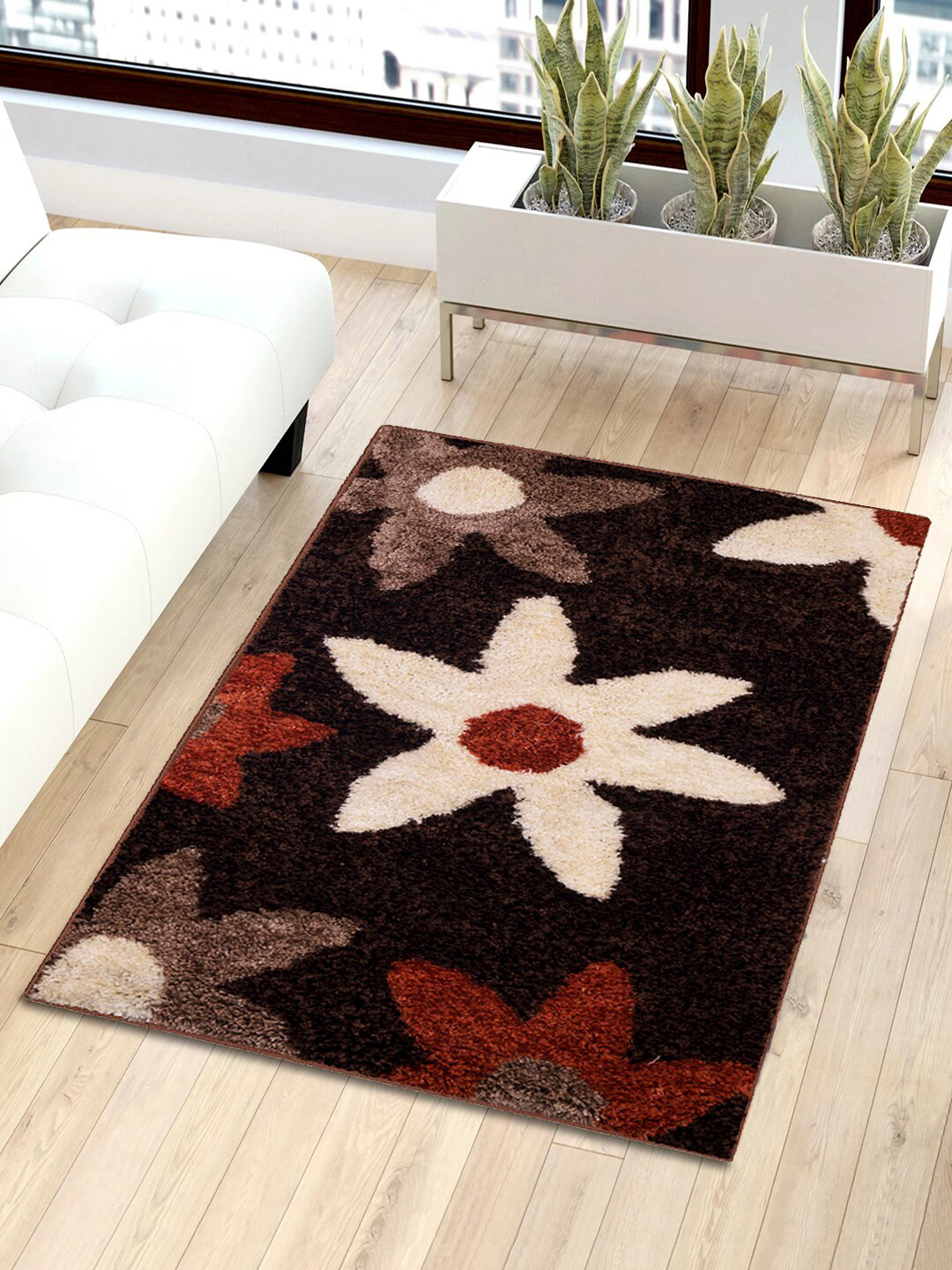 Story@home Brown & Beige Floral Shaggy Anti-Skid Fur Carpet