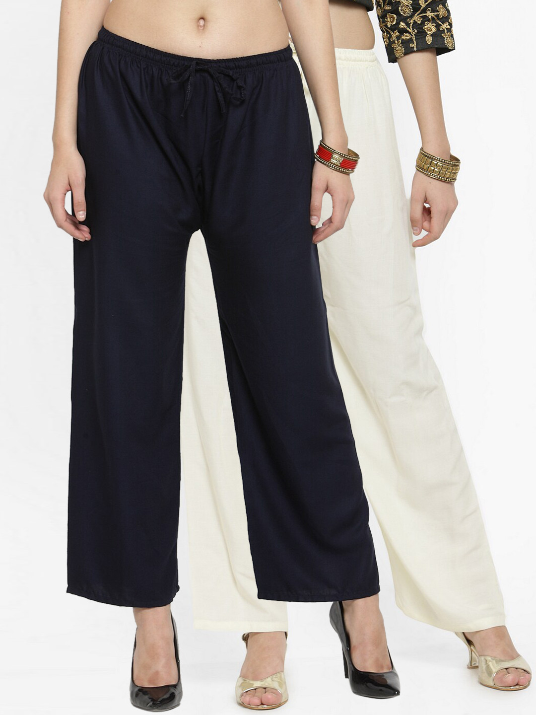 Clora Creation Women Pack Of 2 Navy Blue & Off-White Solid Straight Palazzos