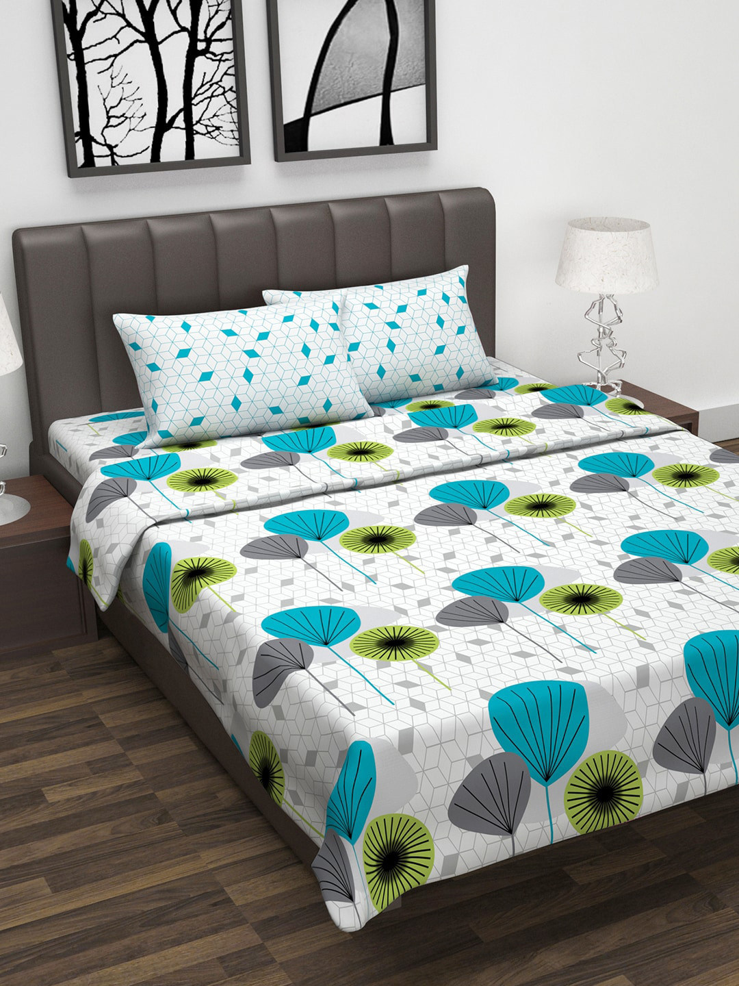 Divine Casa White & Turquoise Blue Floral Printed Double King Bedsheet With 2 Pillow Covers & Dohar